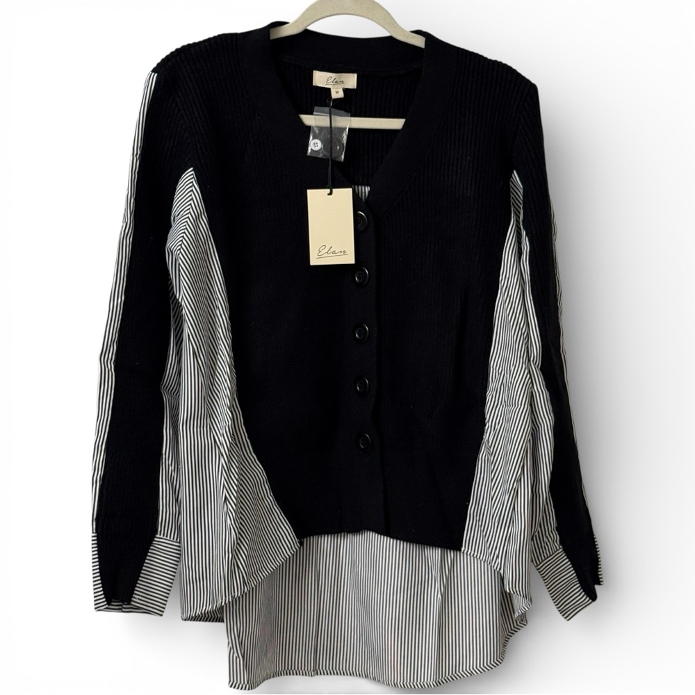 Elan Noelle Cardigan Shirt Medium Black White Layered Look New with Tags $108 - Picture 2 of 11